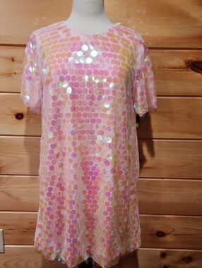 Junior Iridescent Pink Sequin Shift Dress Size XL NWT